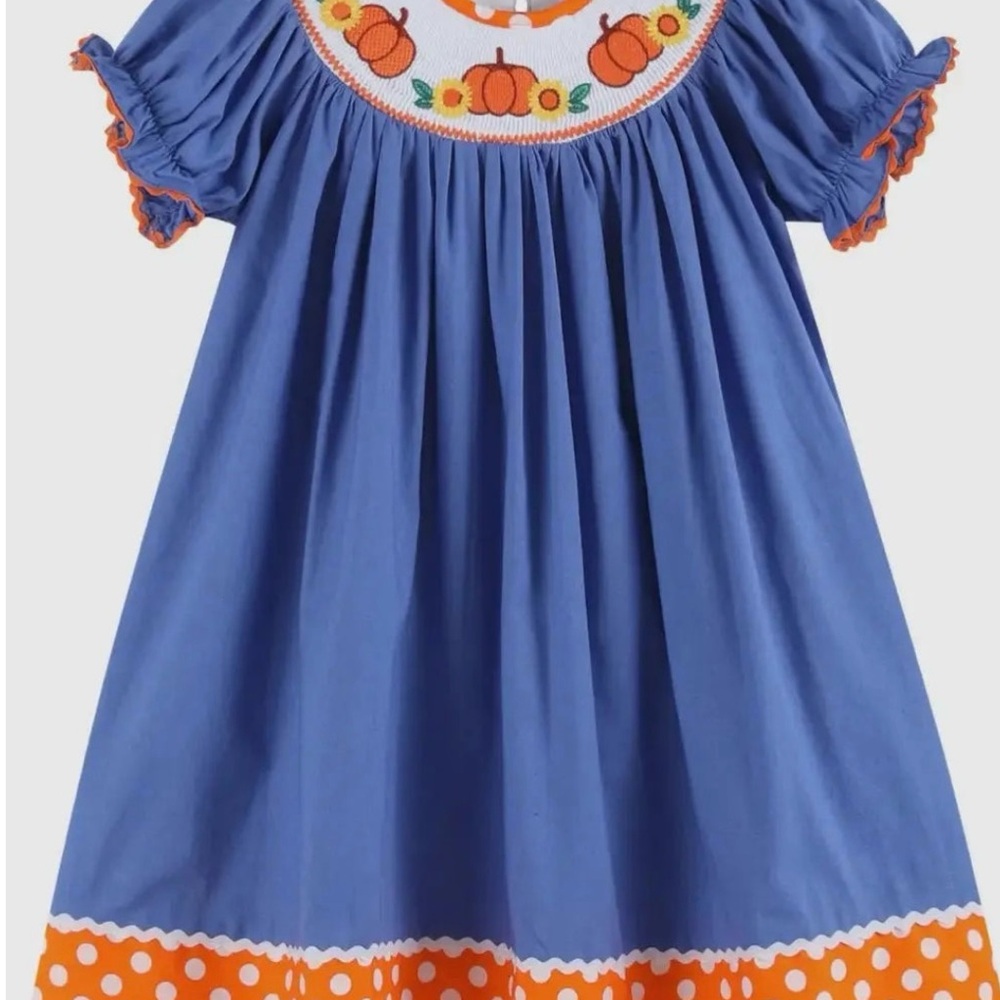NWT Lil Cactus Pumpkin Sunflower Smocked Bishop Dress Size 18/24 Months.